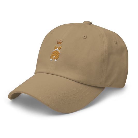 Close-up of embroidered Corgi silhouette stitched on the cap, The Loyal Mark