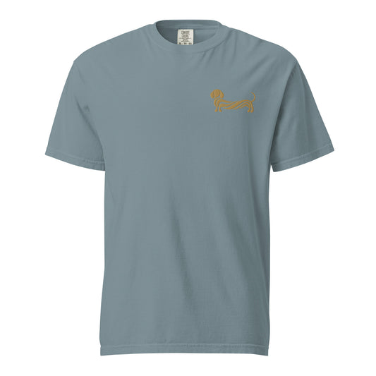 Close-up of embroidered Dachshund silhouette stitched on the tee, The Loyal Mark