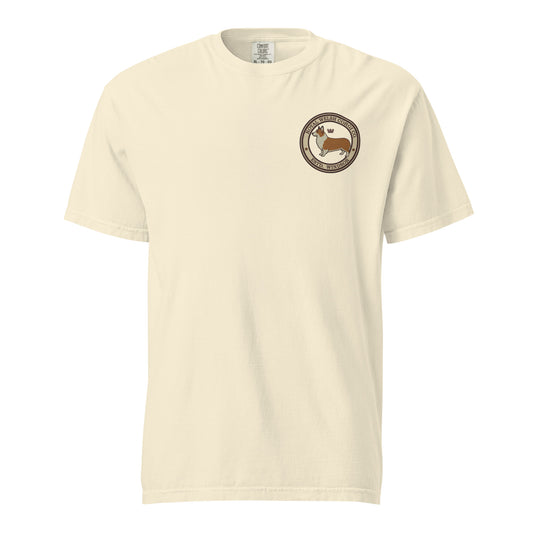 Close-up of embroidered Corgi silhouette stitched on the tee, The Loyal Mark