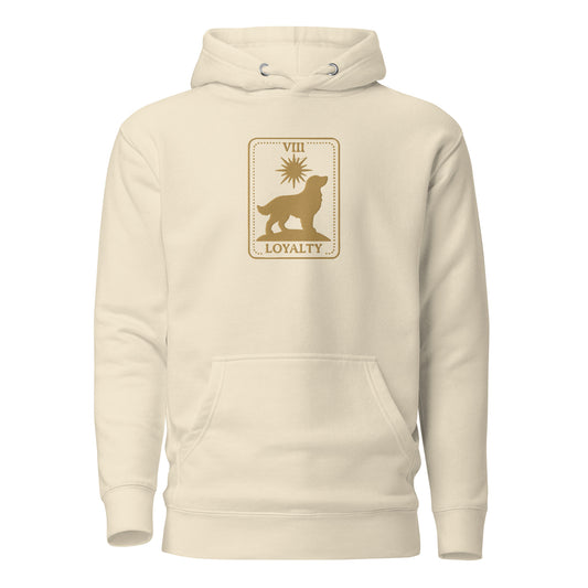 Close-up of embroidered Golden Retriever silhouette stitched on the hoodie, The Loyal Mark