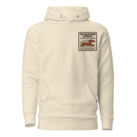 Close-up of embroidered Dachshund silhouette stitched on the hoodie, The Loyal Mark