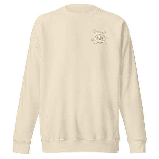 Close-up of embroidered French Bulldog silhouette stitched on the crewneck, The Loyal Mark