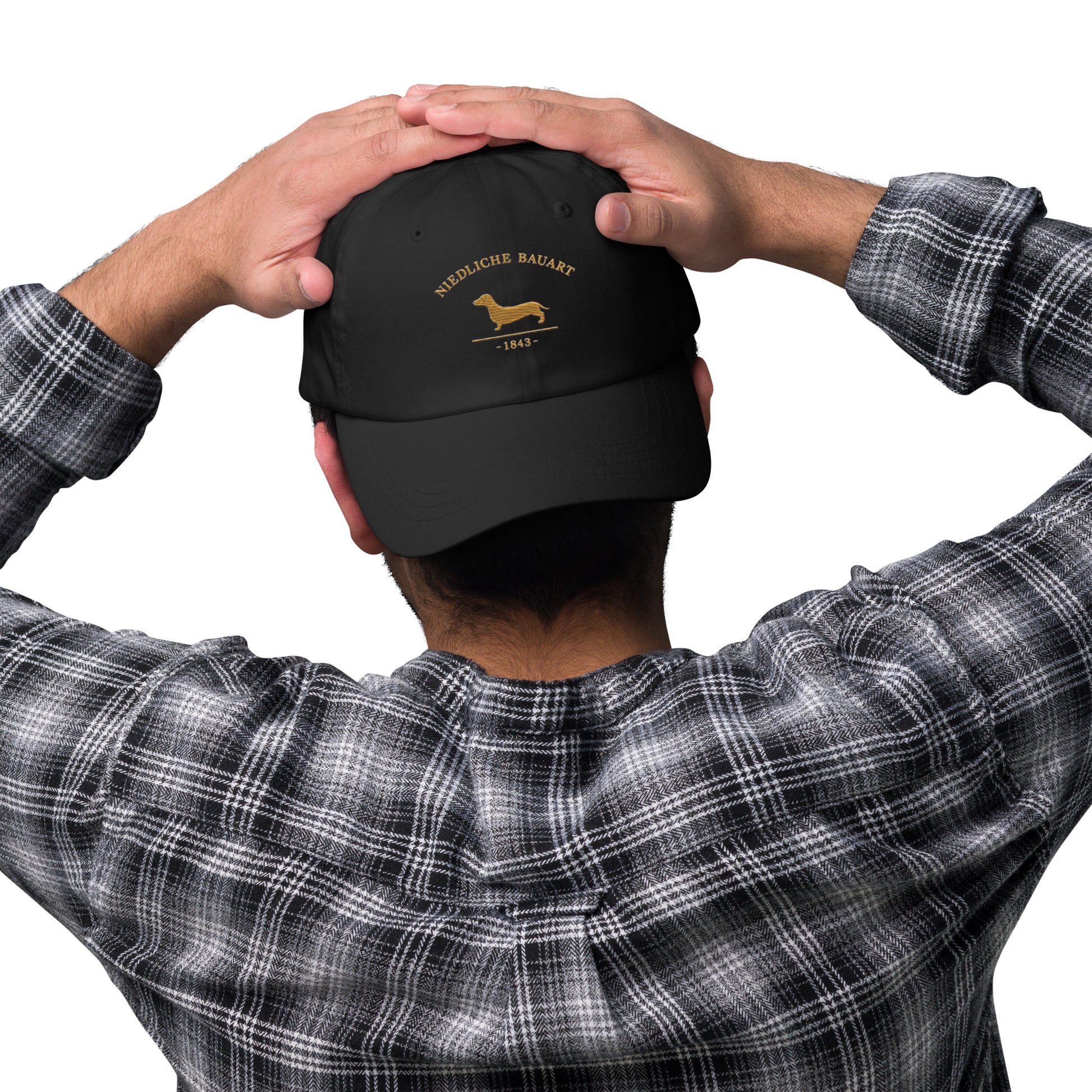 Detail shot of embroidered Dachshund design on the cap, The Loyal Mark