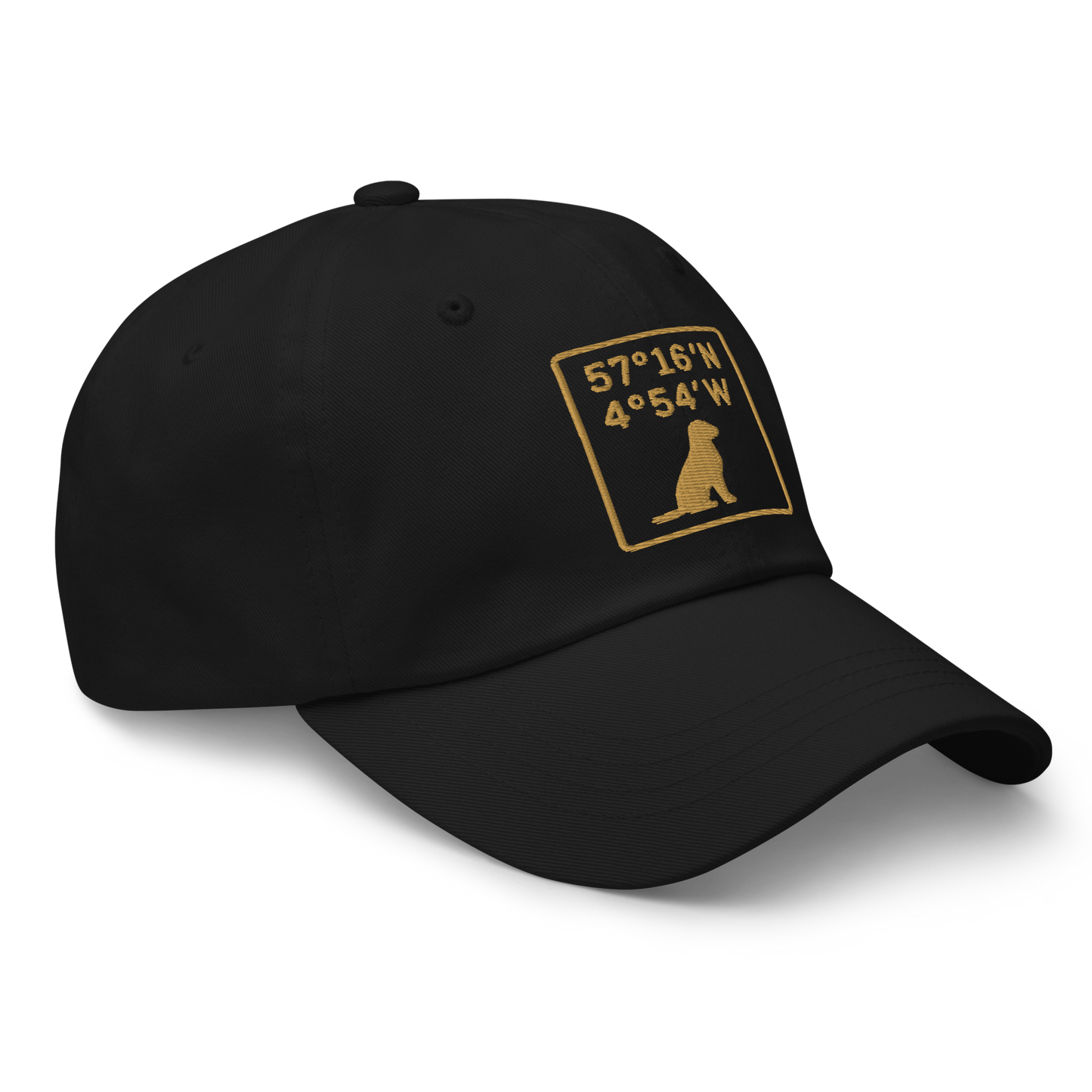 Close-up of embroidered Golden Retriever silhouette stitched on the cap, The Loyal Mark