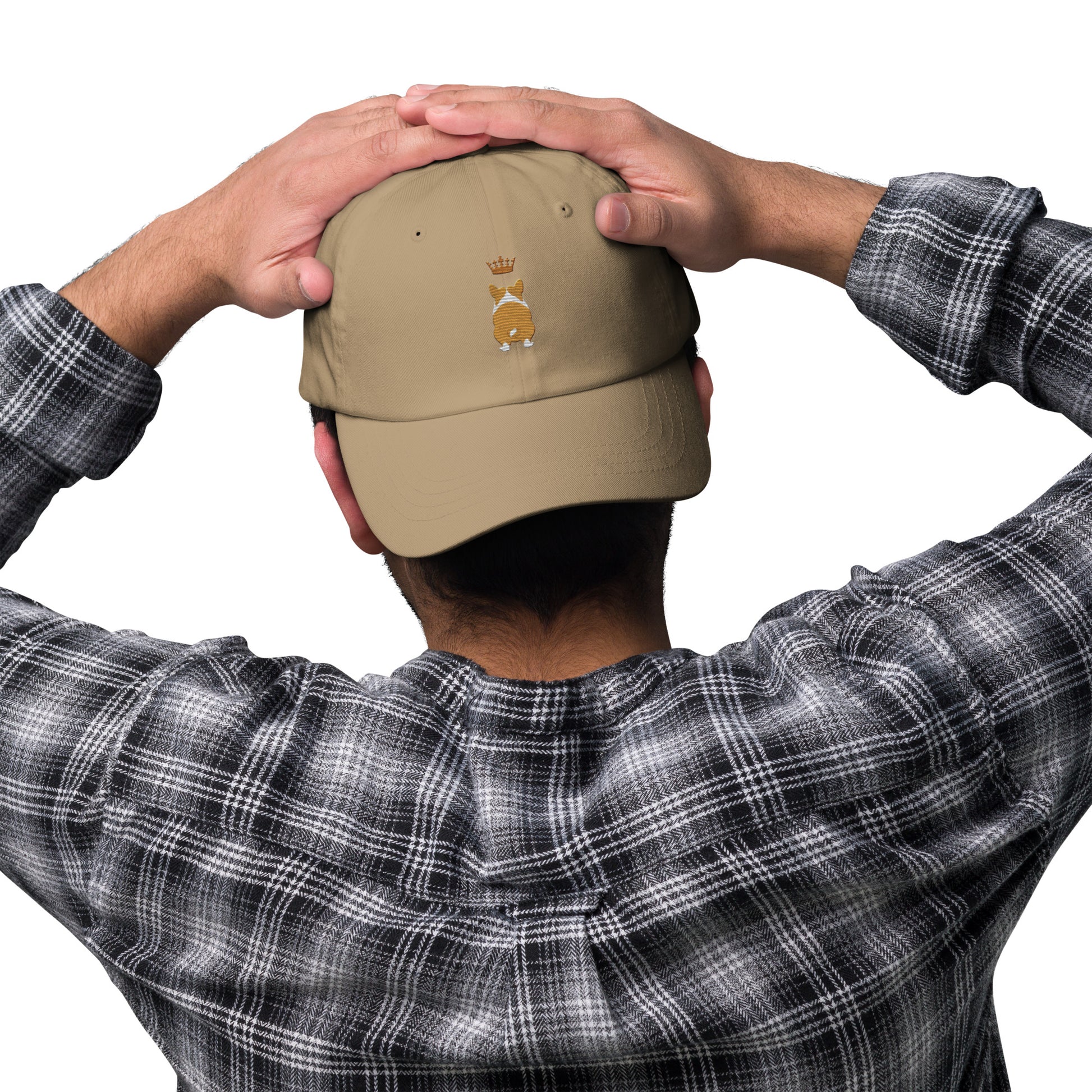 Lifestyle shot of the embroidered Corgi cap, The Loyal Mark