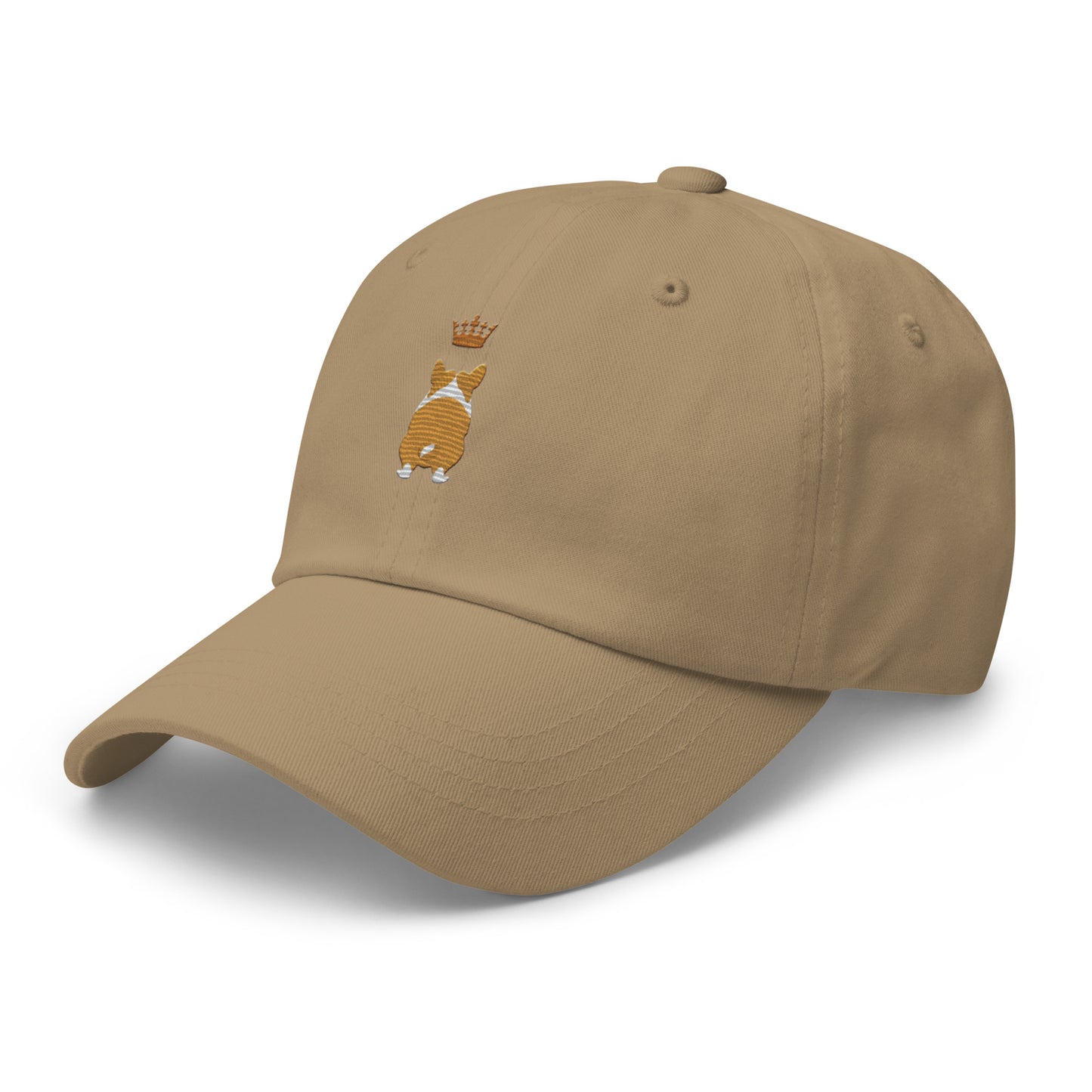 Close-up of embroidered Corgi silhouette stitched on the cap, The Loyal Mark