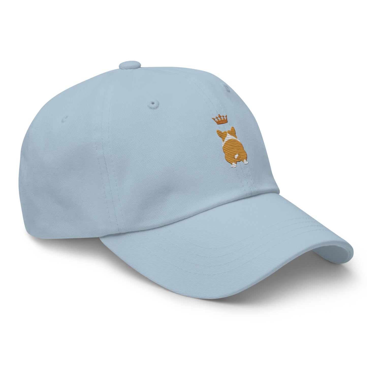 Detail shot of embroidered Corgi design on the cap, The Loyal Mark