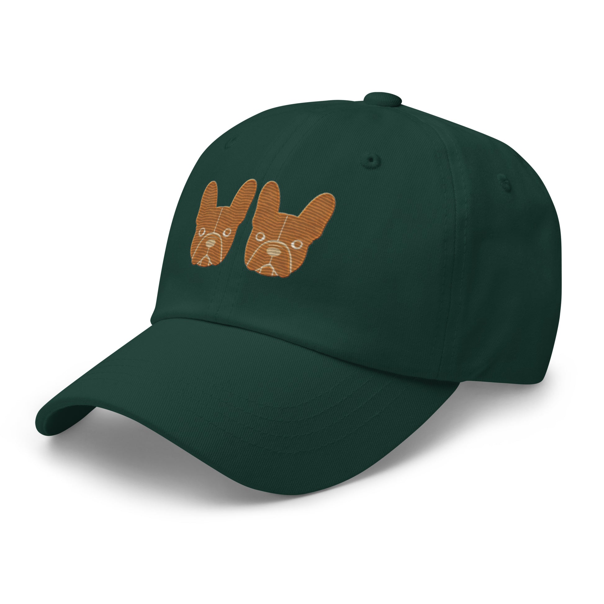 Close-up of embroidered French Bulldog silhouette stitched on the cap, The Loyal Mark