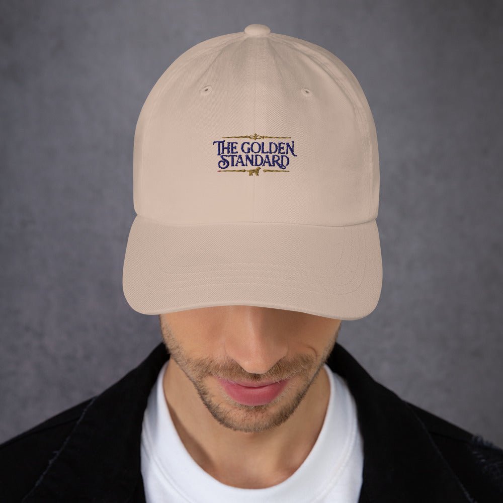 Lifestyle shot of the embroidered Golden Retriever cap, The Loyal Mark