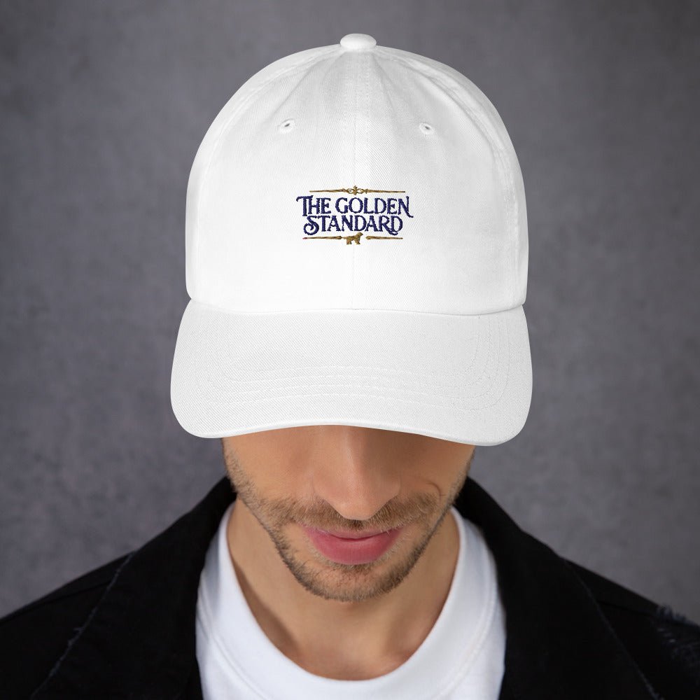 Lifestyle shot of the embroidered Golden Retriever cap, The Loyal Mark
