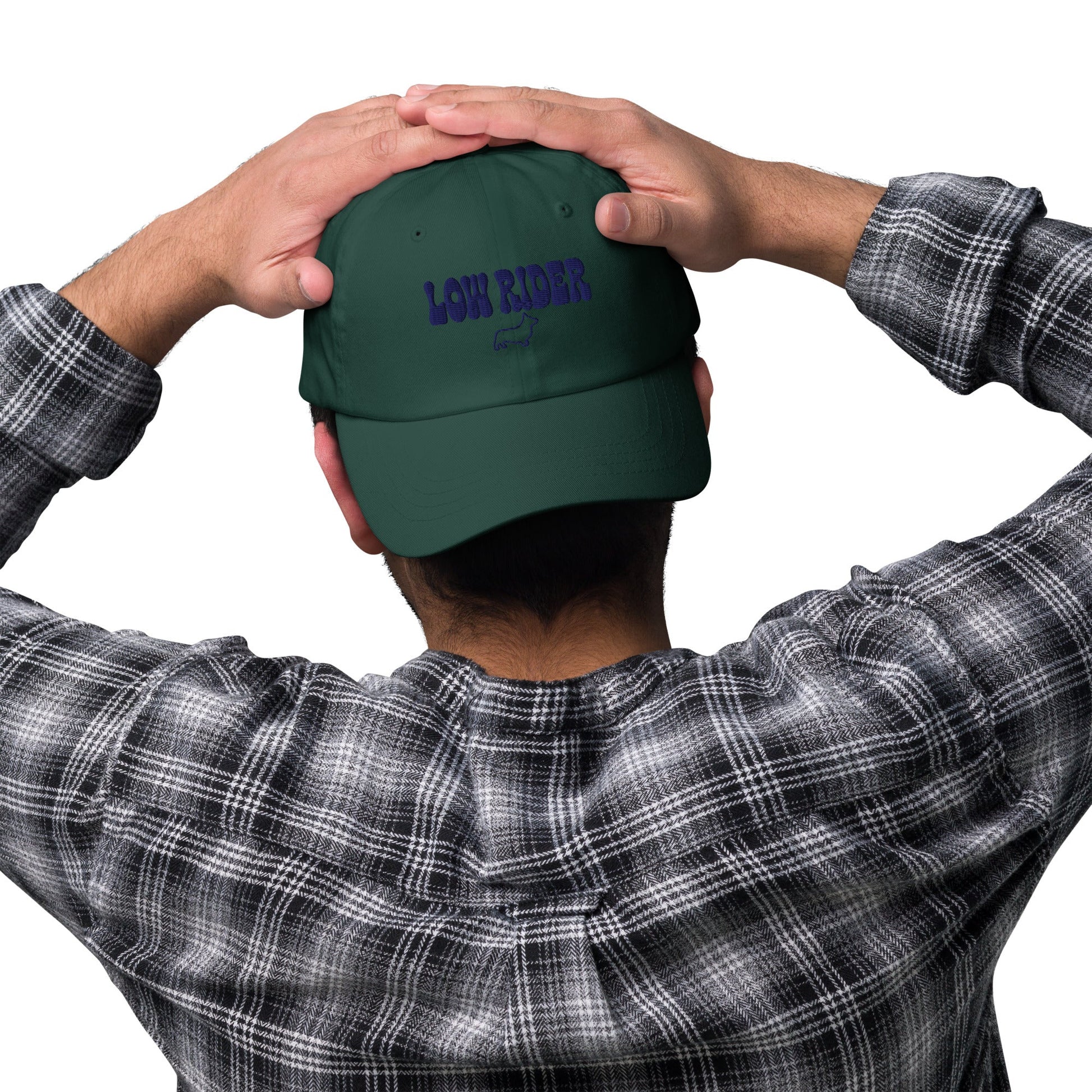 Lifestyle shot of the embroidered Corgi cap, The Loyal Mark