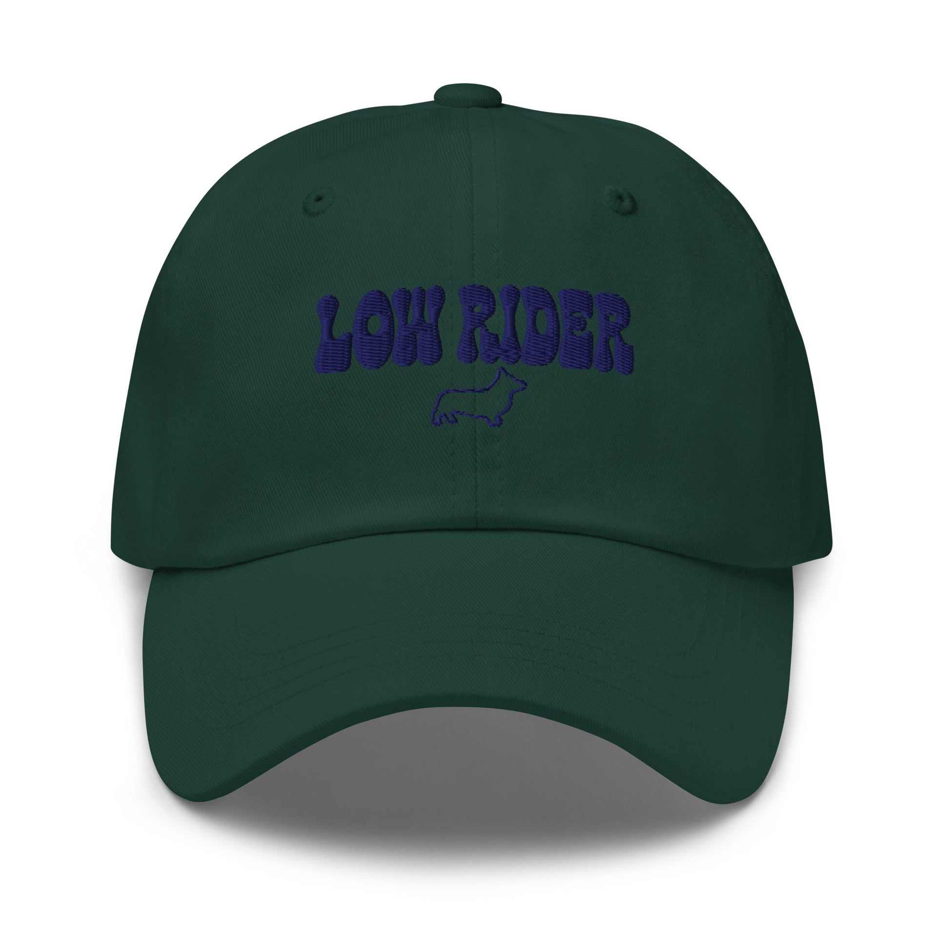 Close-up of embroidered Corgi silhouette stitched on the cap, The Loyal Mark
