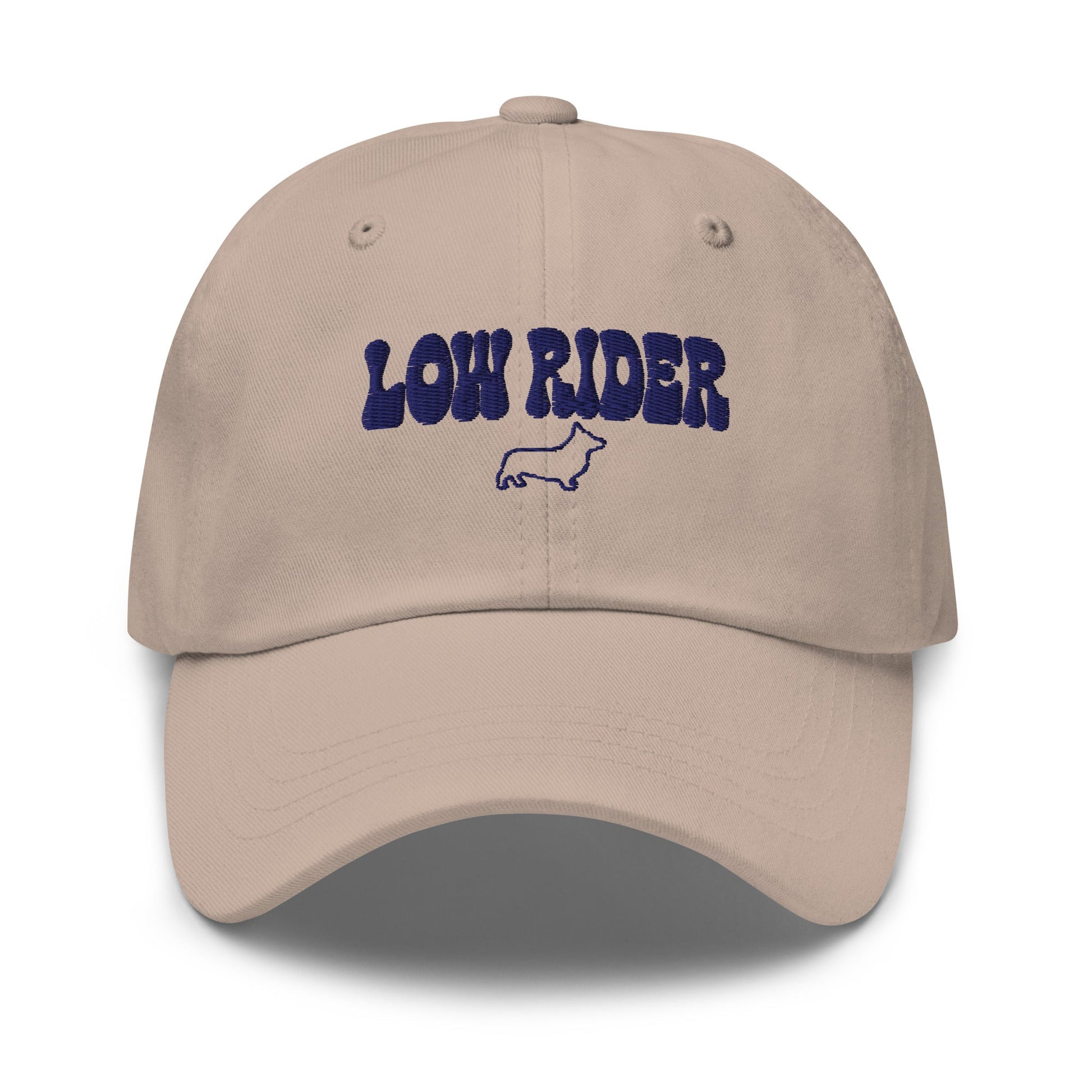 Detail shot of embroidered Corgi design on the cap, The Loyal Mark
