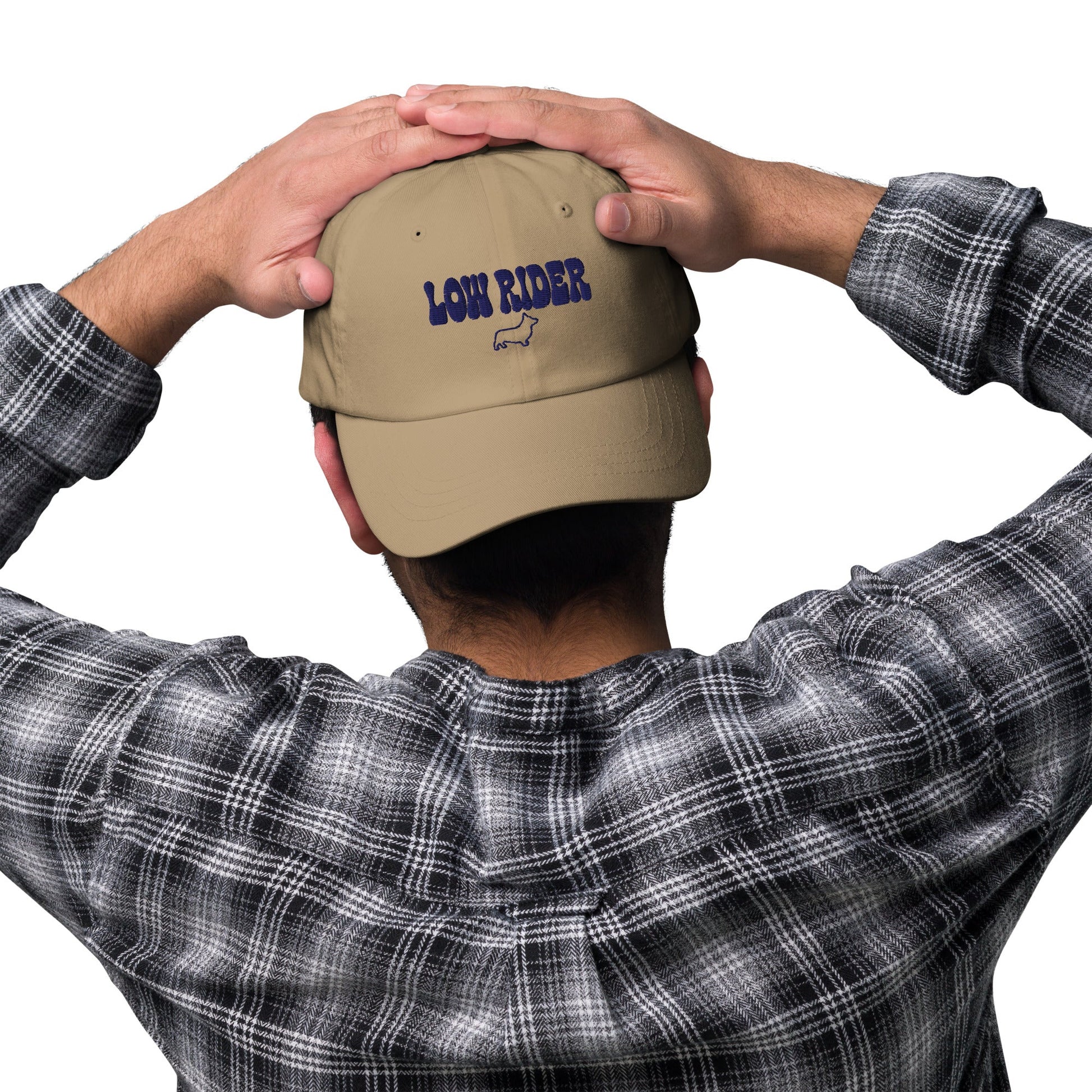 Lifestyle shot of the embroidered Corgi cap, The Loyal Mark