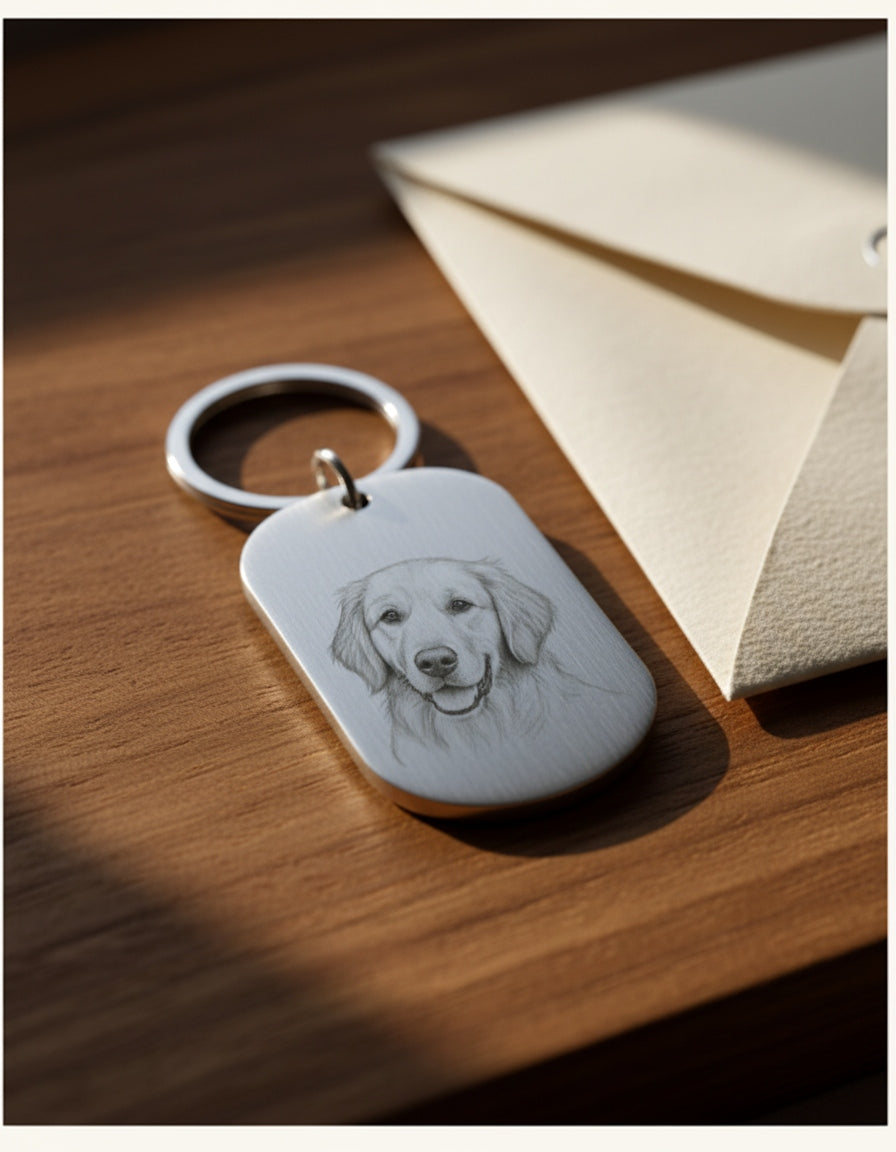 Brushed silver oval keepsake pendant with hand-traced dog portrait
