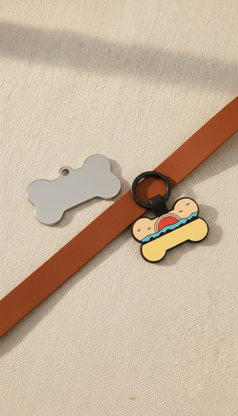 Matched pair — silver steel bone tag and Sunset Beach silicone bone tag