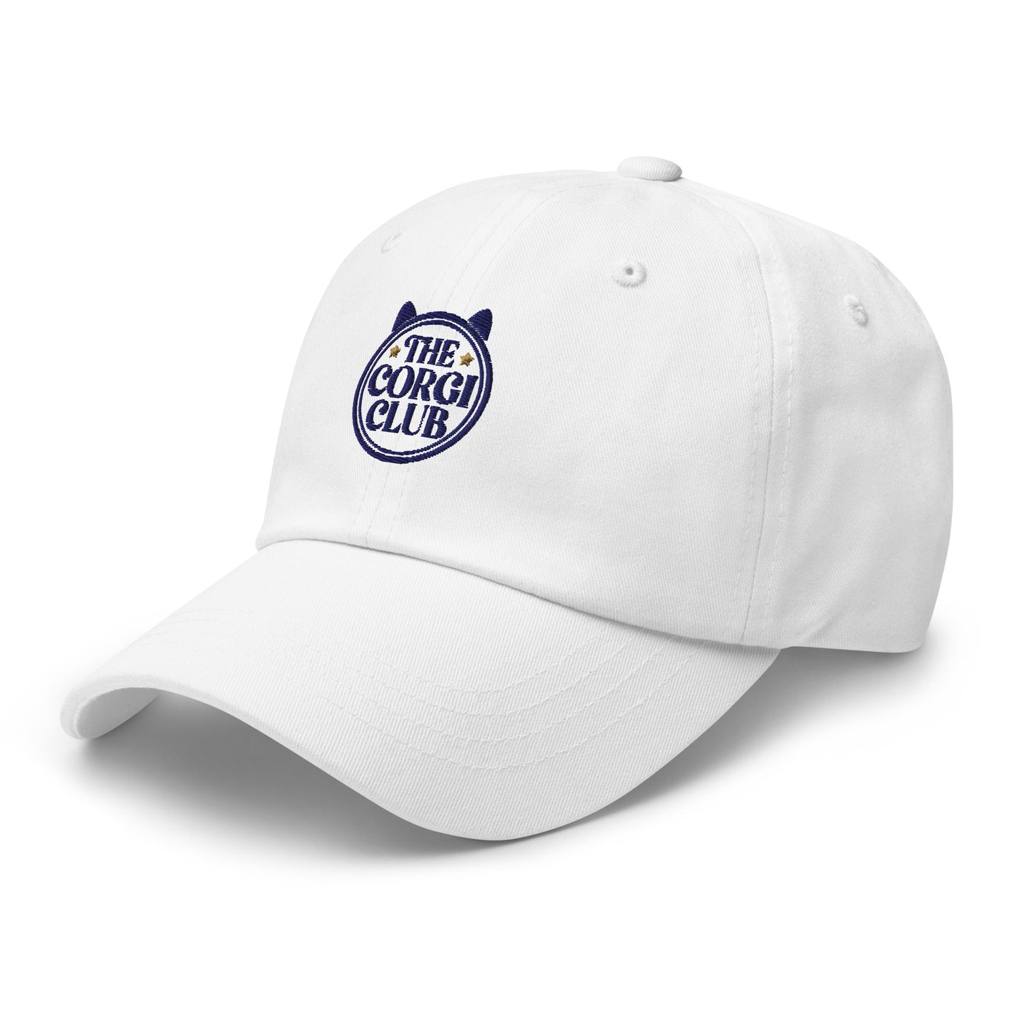 Detail shot of embroidered Corgi design on the cap, The Loyal Mark