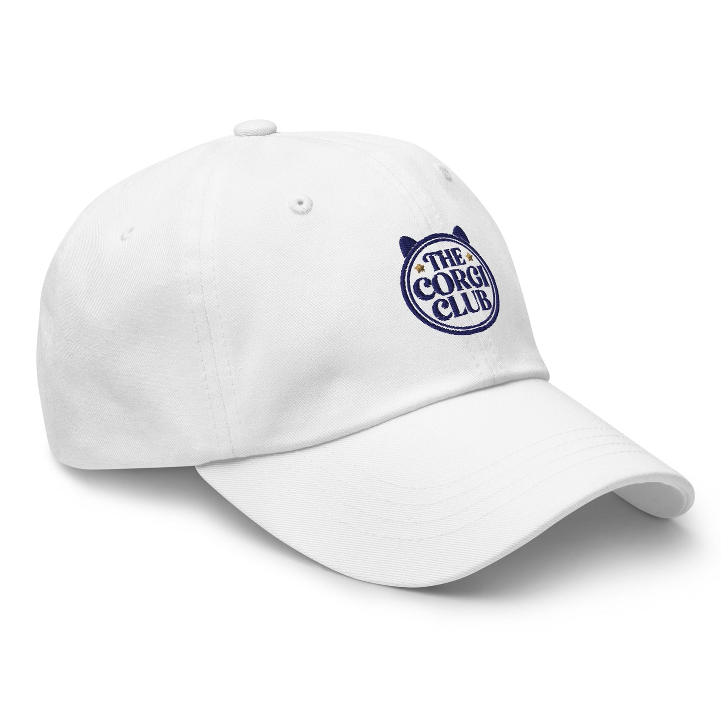 Close-up of embroidered Corgi silhouette stitched on the cap, The Loyal Mark