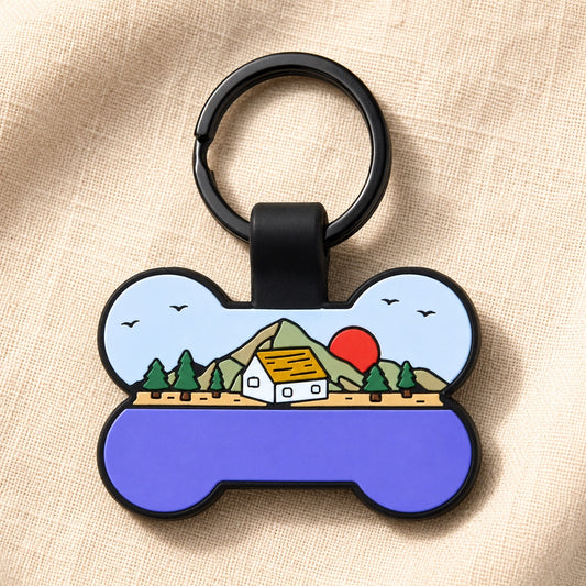 Silicone bone tag with mountain cabin design