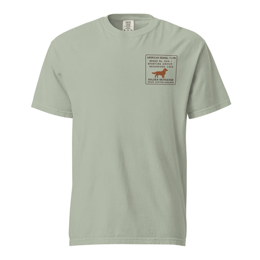 Close-up of embroidered Golden Retriever silhouette stitched on the tee, The Loyal Mark
