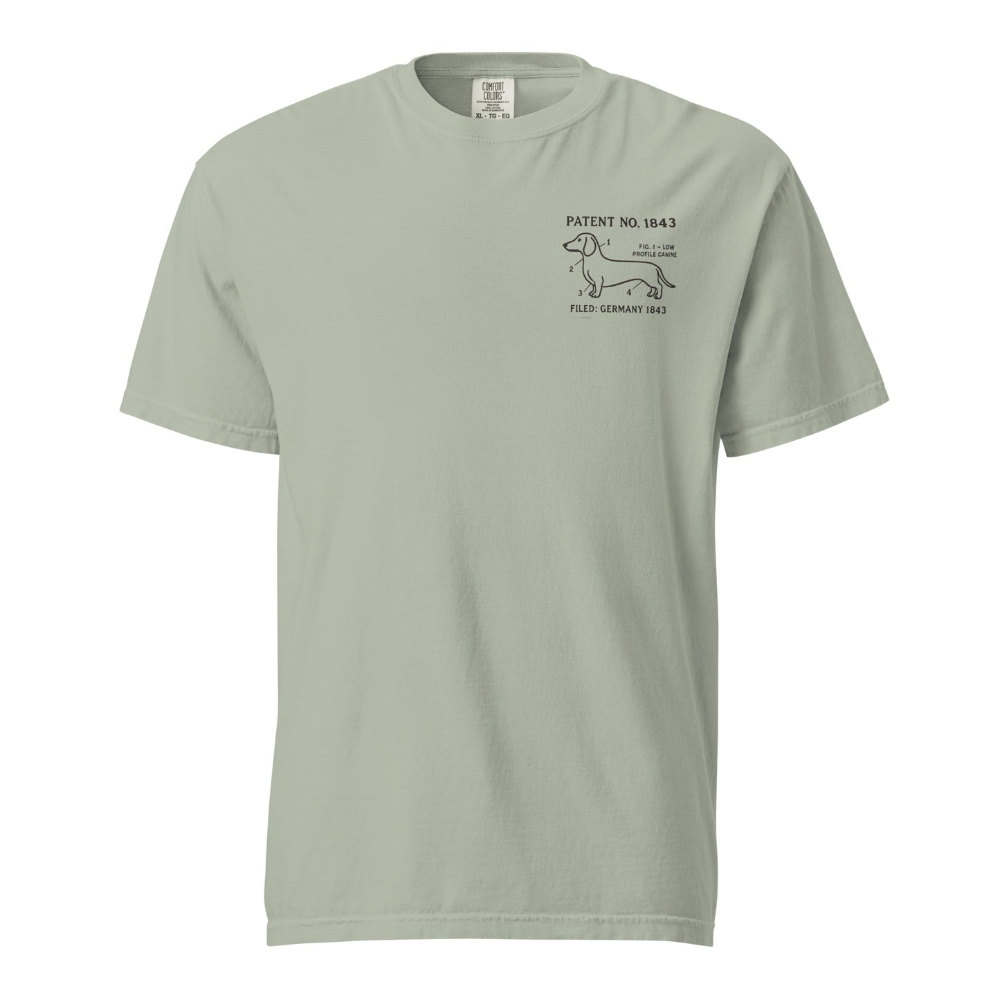 Close-up of embroidered Dachshund silhouette stitched on the tee, The Loyal Mark