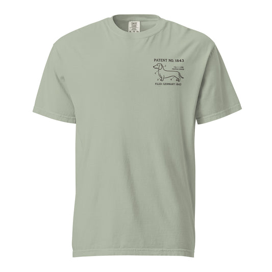Close-up of embroidered Dachshund silhouette stitched on the tee, The Loyal Mark