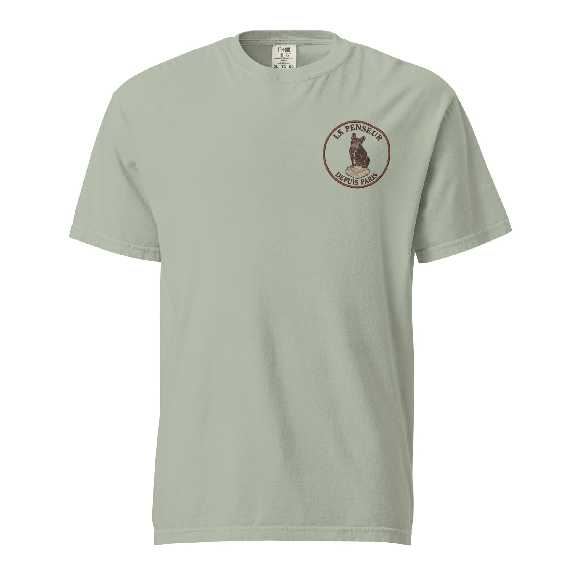 Close-up of embroidered French Bulldog silhouette stitched on the tee, The Loyal Mark
