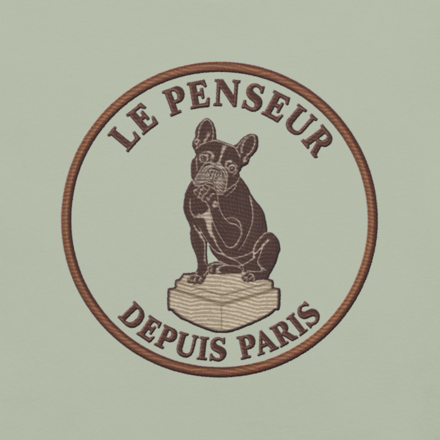 Lifestyle shot of the embroidered French Bulldog tee, The Loyal Mark
