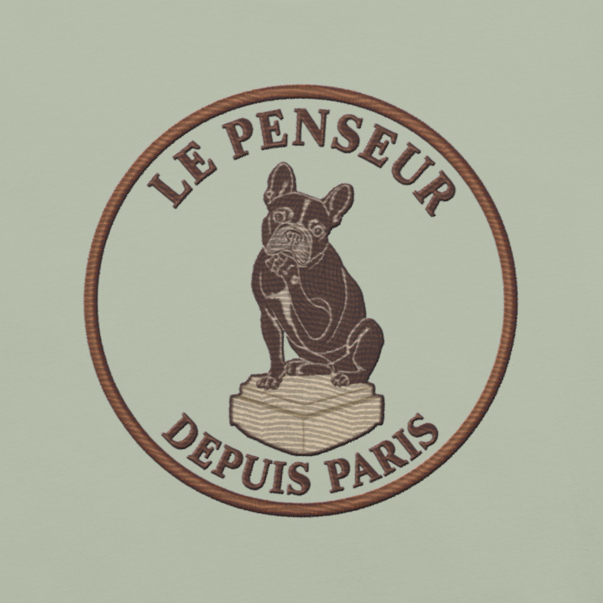 Lifestyle shot of the embroidered French Bulldog tee, The Loyal Mark