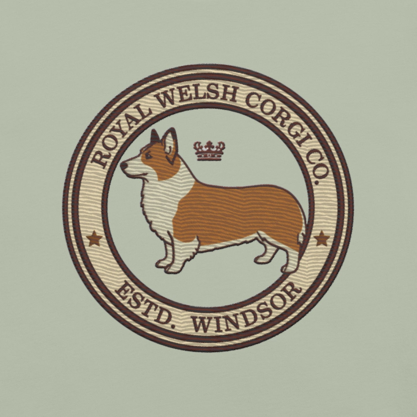 Lifestyle shot of the embroidered Corgi tee, The Loyal Mark