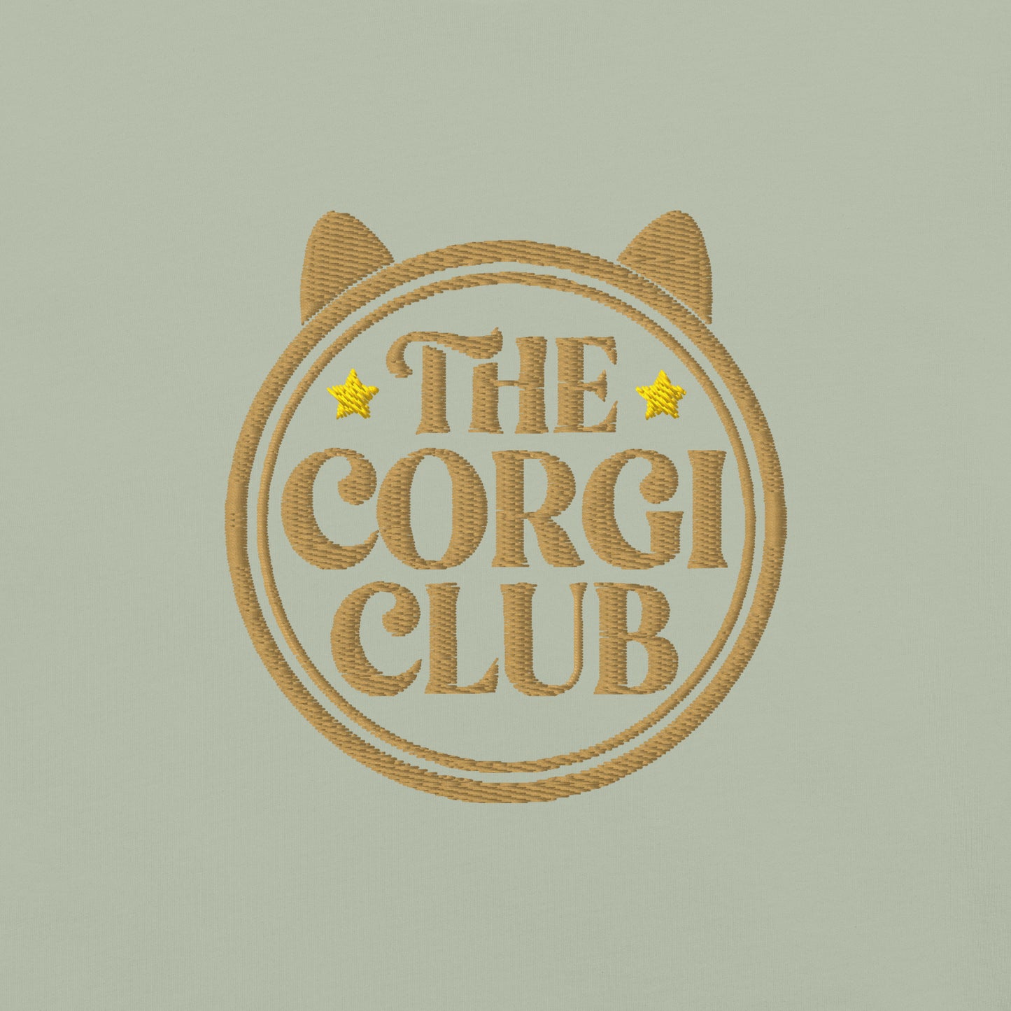 Lifestyle shot of the embroidered Corgi tee, The Loyal Mark