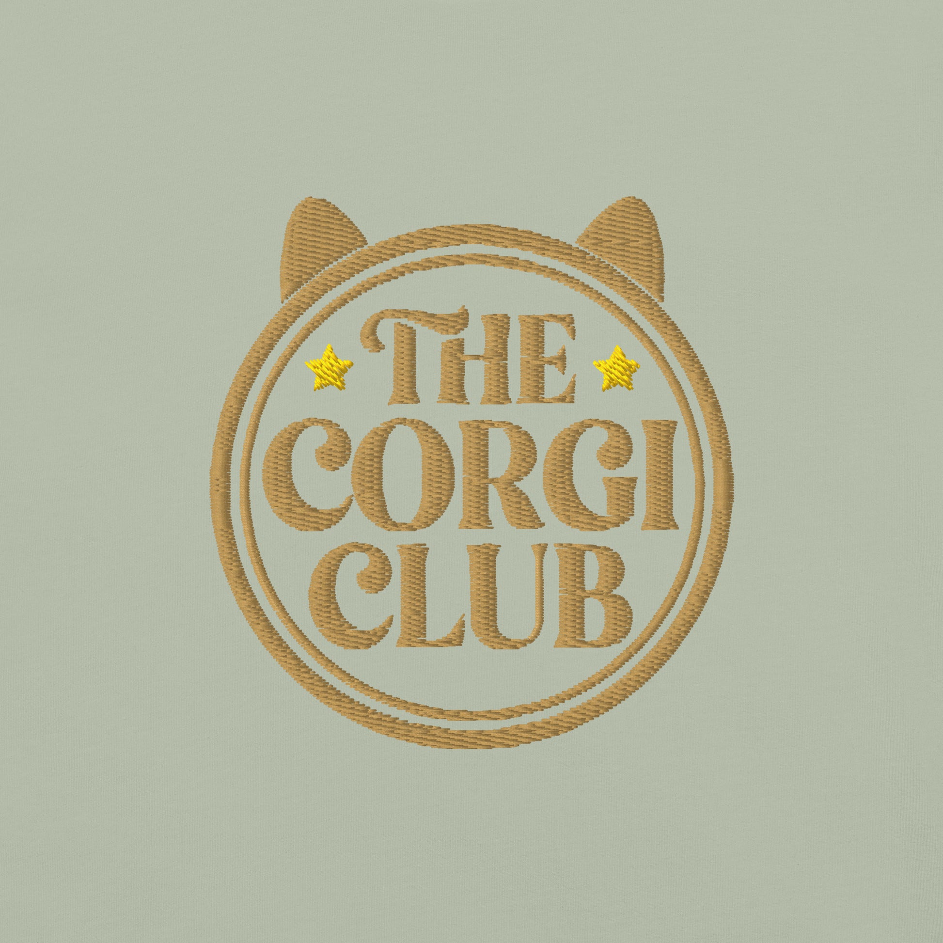Lifestyle shot of the embroidered Corgi tee, The Loyal Mark