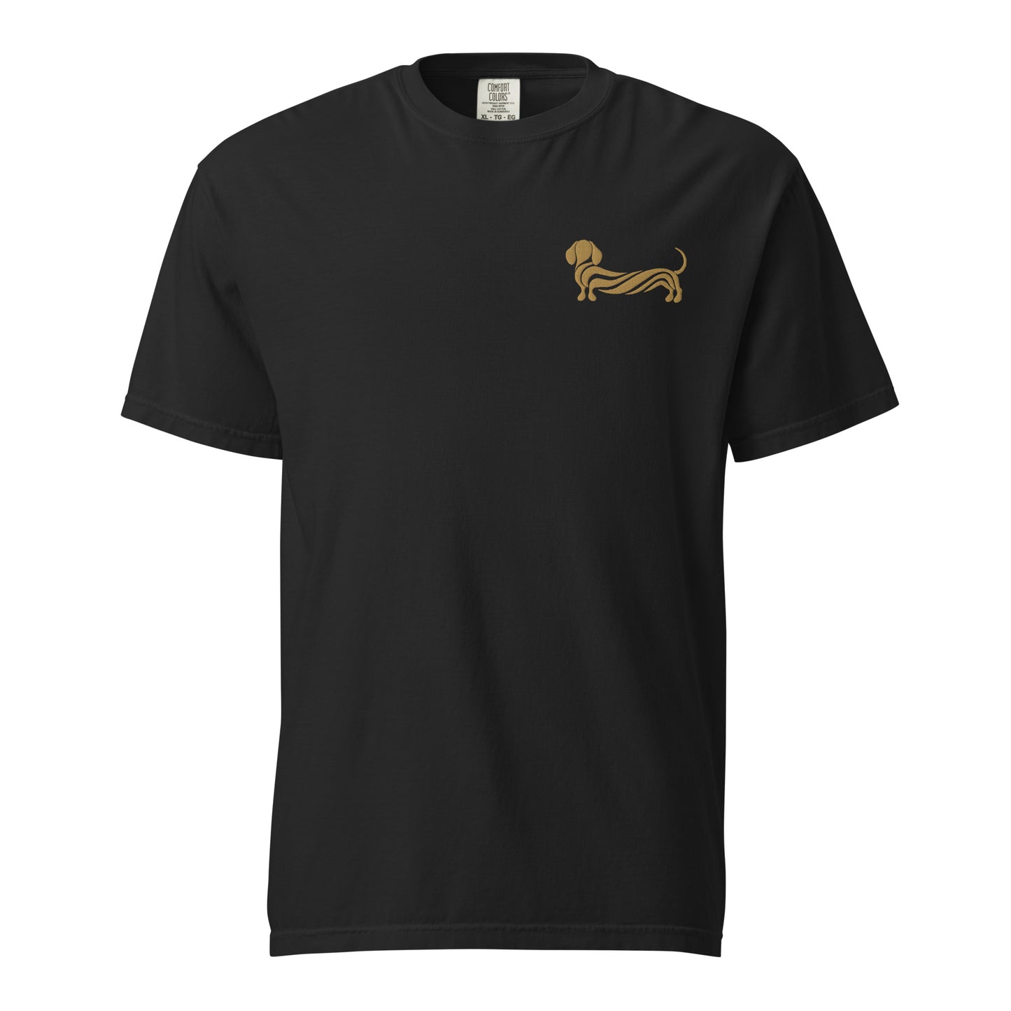 Embroidered Dachshund tee stitched in cognac thread, made in Canada by The Loyal Mark