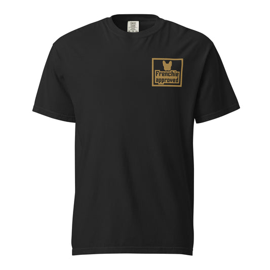 Embroidered French Bulldog tee stitched in cognac thread, made in Canada by The Loyal Mark