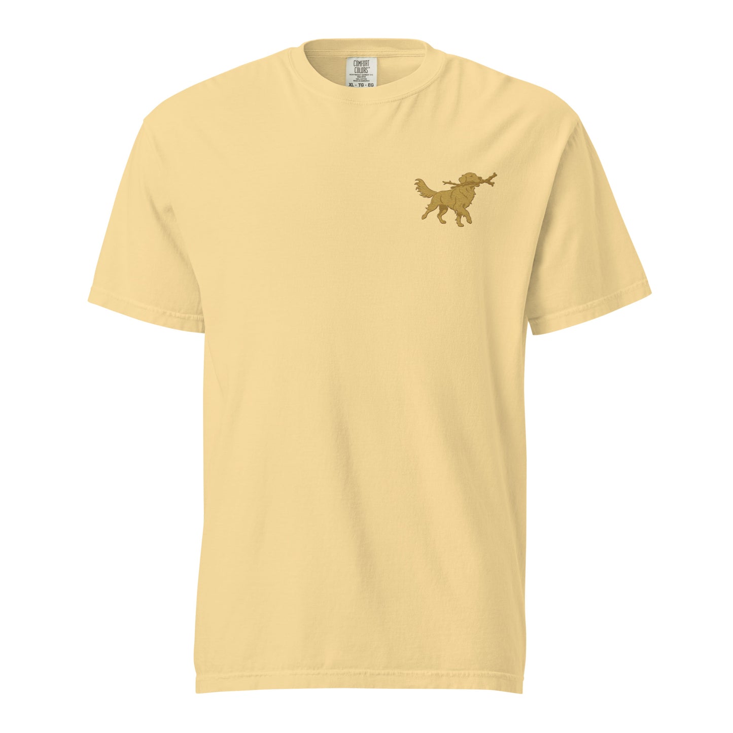 Close-up of embroidered Golden Retriever silhouette stitched on the tee, The Loyal Mark