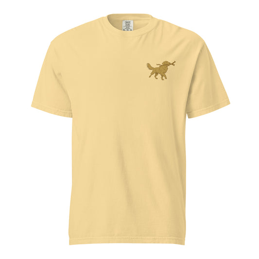 Close-up of embroidered Golden Retriever silhouette stitched on the tee, The Loyal Mark