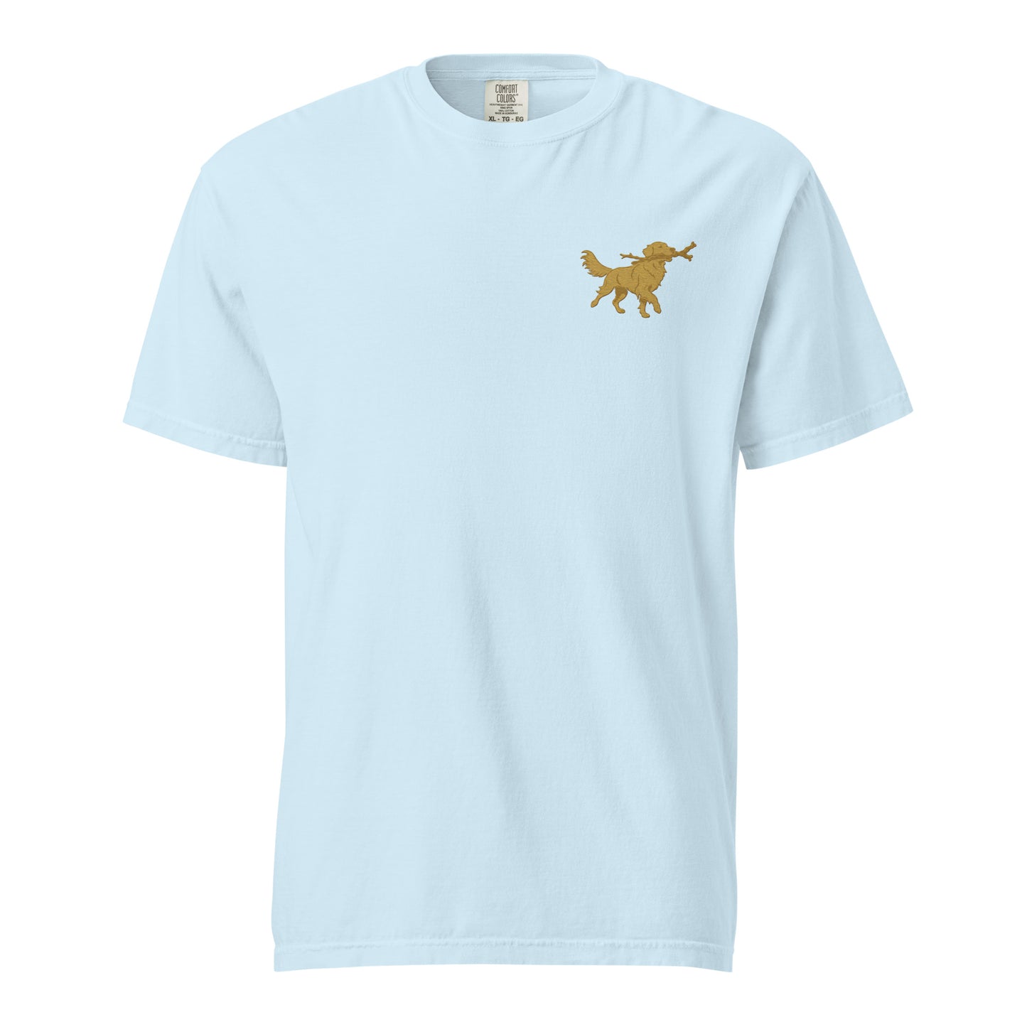 Detail shot of embroidered Golden Retriever design on the tee, The Loyal Mark