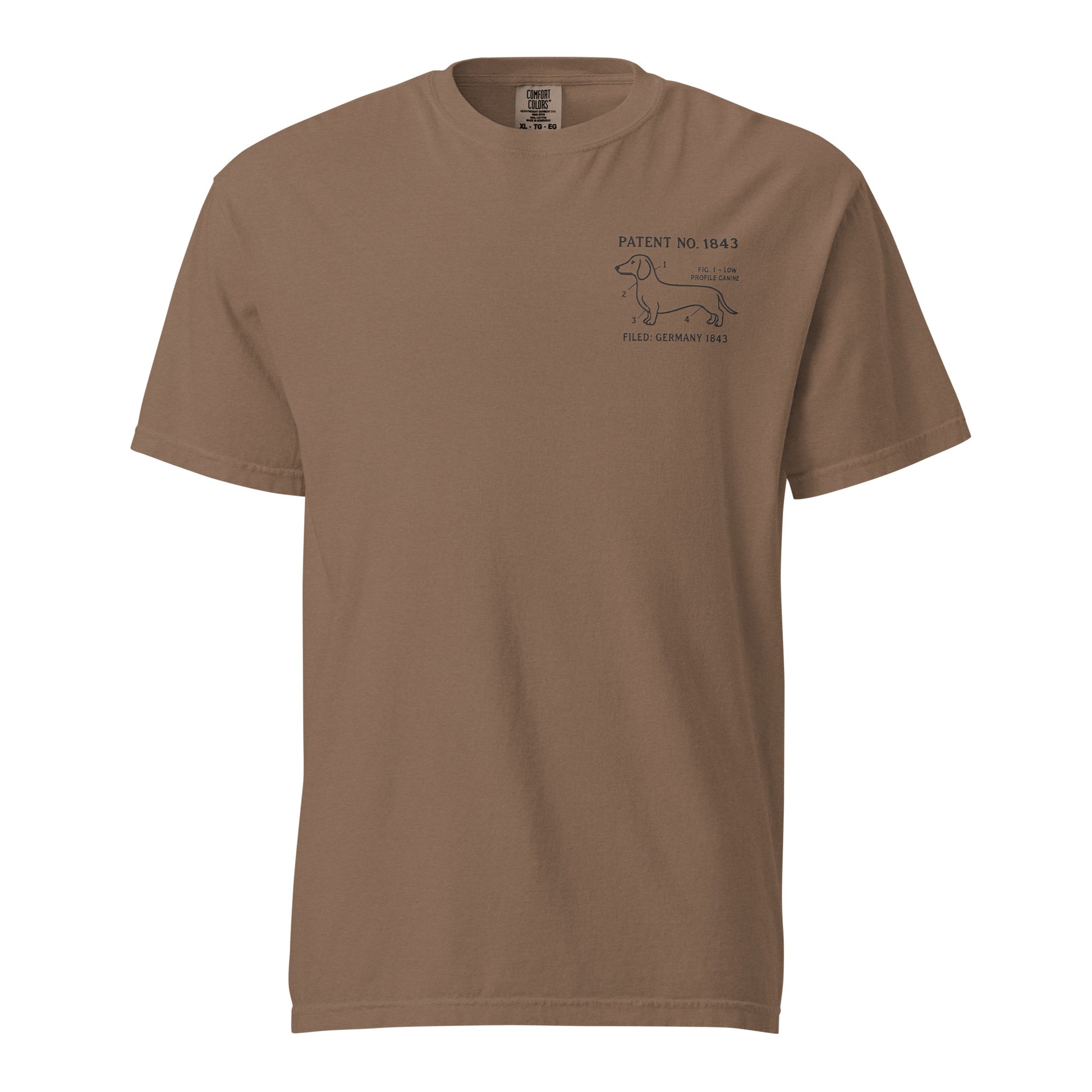 Detail shot of embroidered Dachshund design on the tee, The Loyal Mark