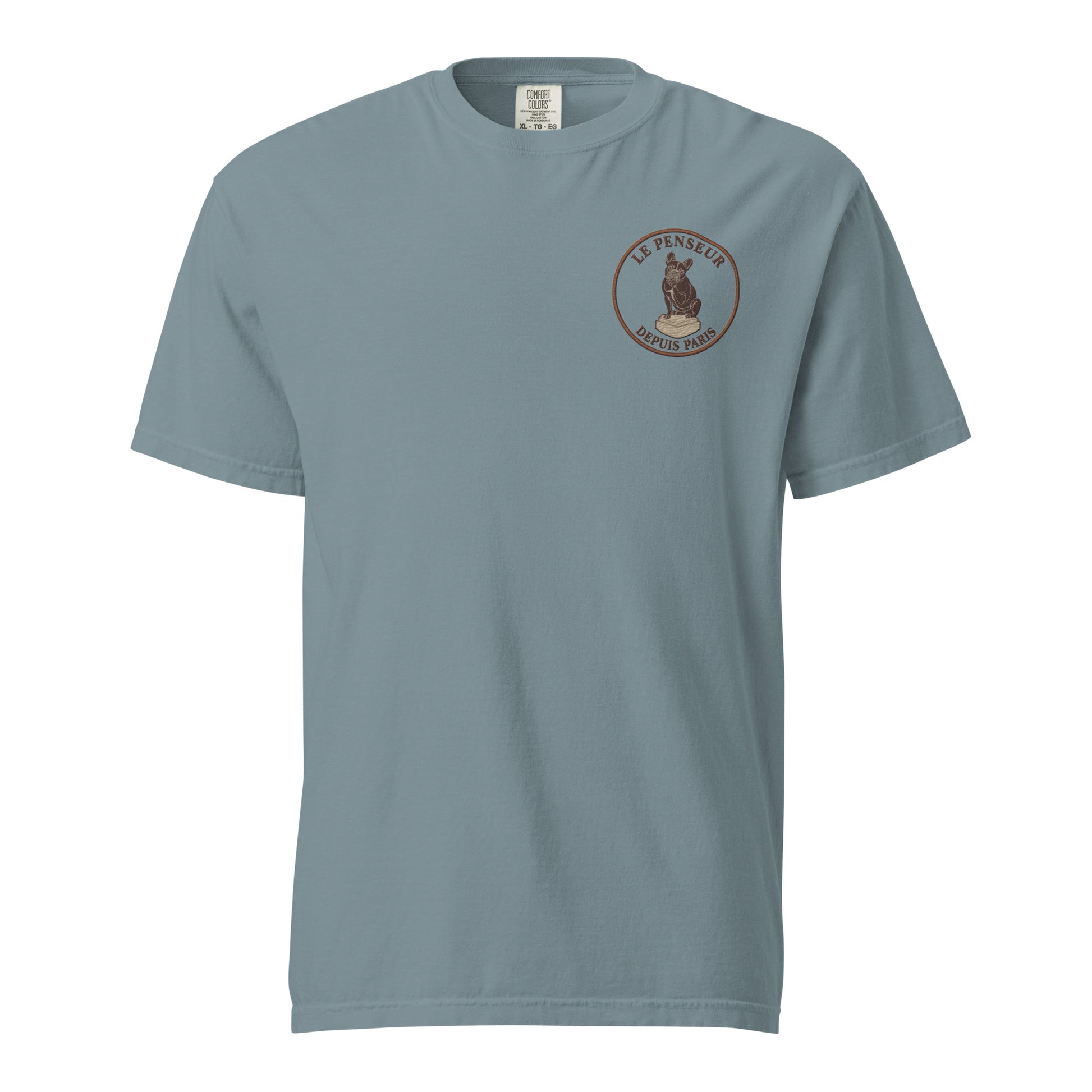 Detail shot of embroidered French Bulldog design on the tee, The Loyal Mark