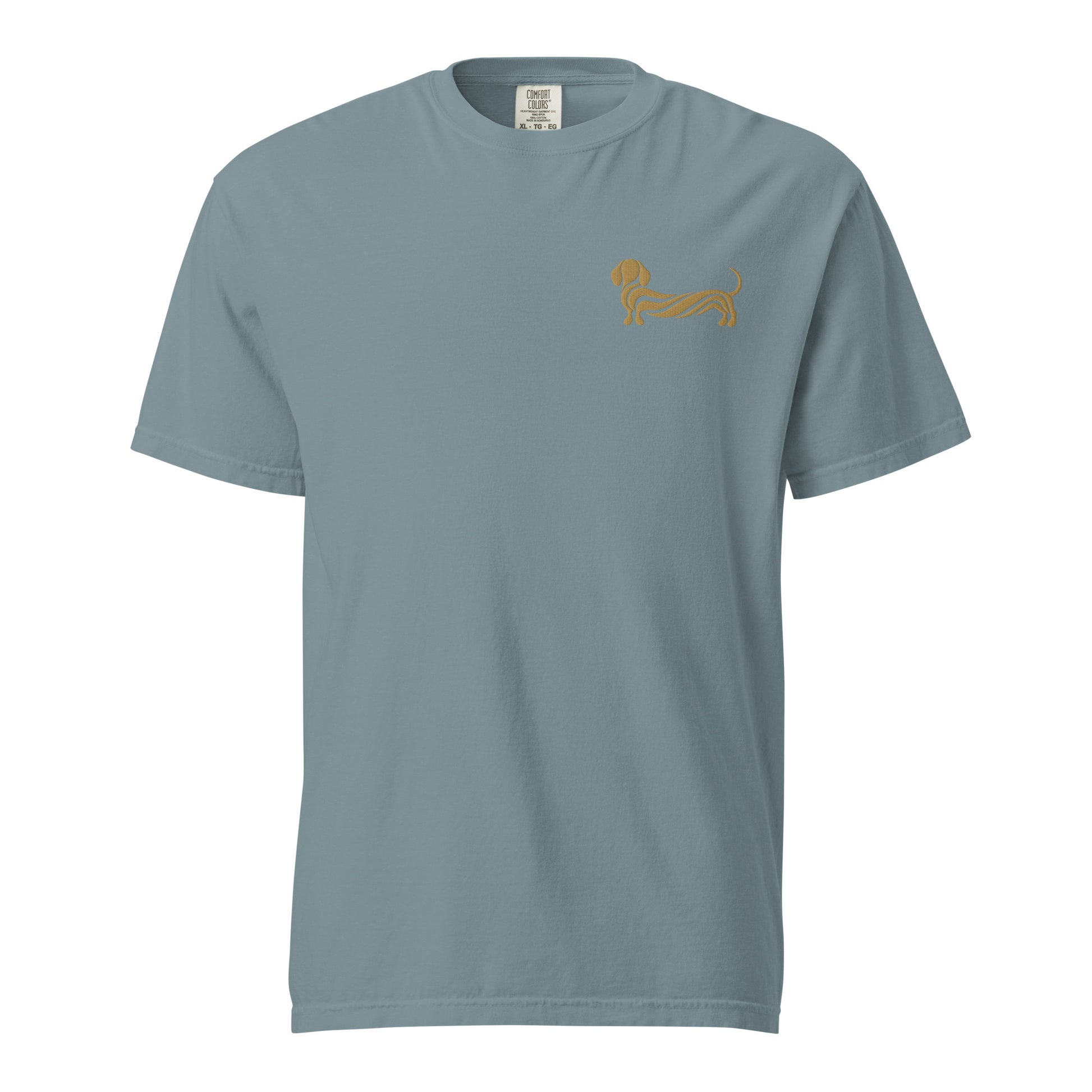 Close-up of embroidered Dachshund silhouette stitched on the tee, The Loyal Mark