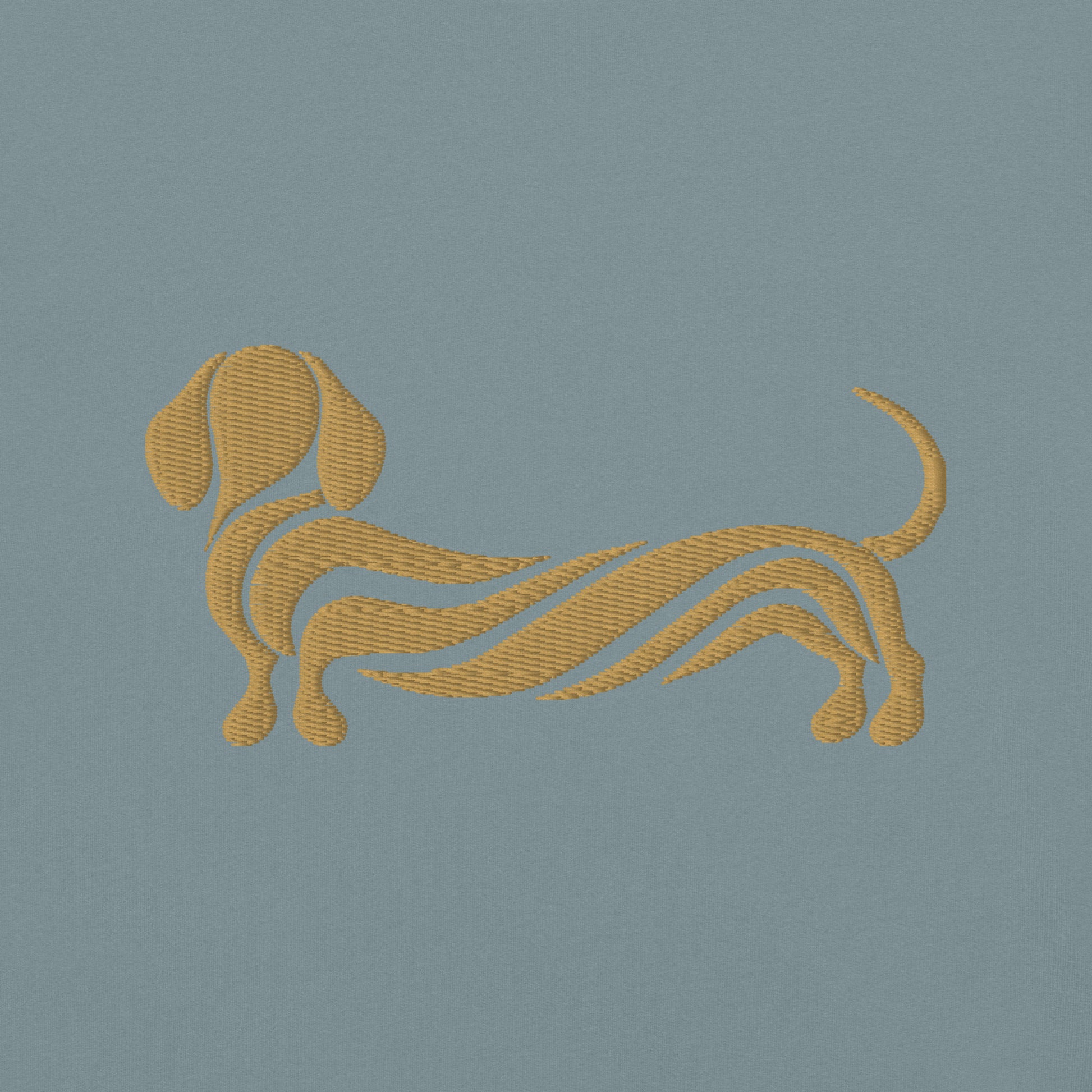 Lifestyle shot of the embroidered Dachshund tee, The Loyal Mark