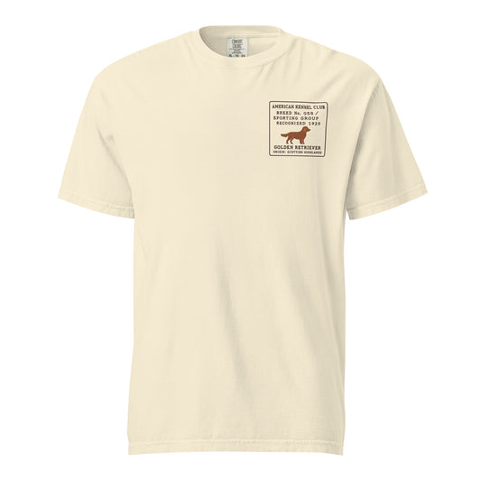 Embroidered Golden Retriever tee stitched in cognac thread, made in Canada by The Loyal Mark