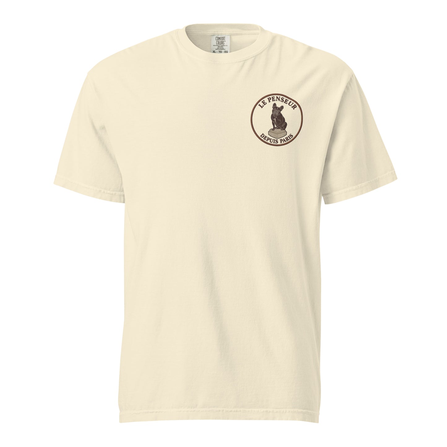 Embroidered French Bulldog tee stitched in cognac thread, made in Canada by The Loyal Mark