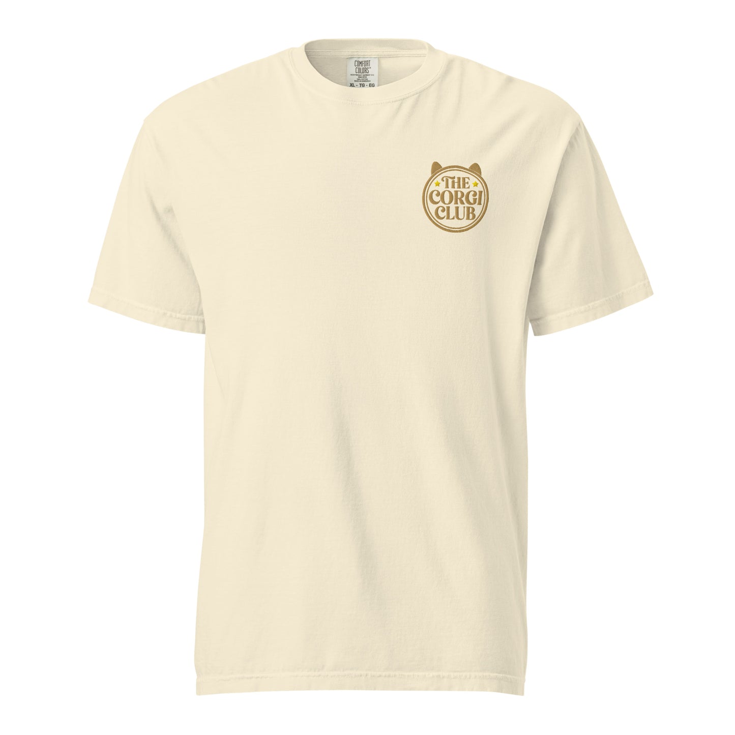 Embroidered Corgi tee stitched in cognac thread, made in Canada by The Loyal Mark