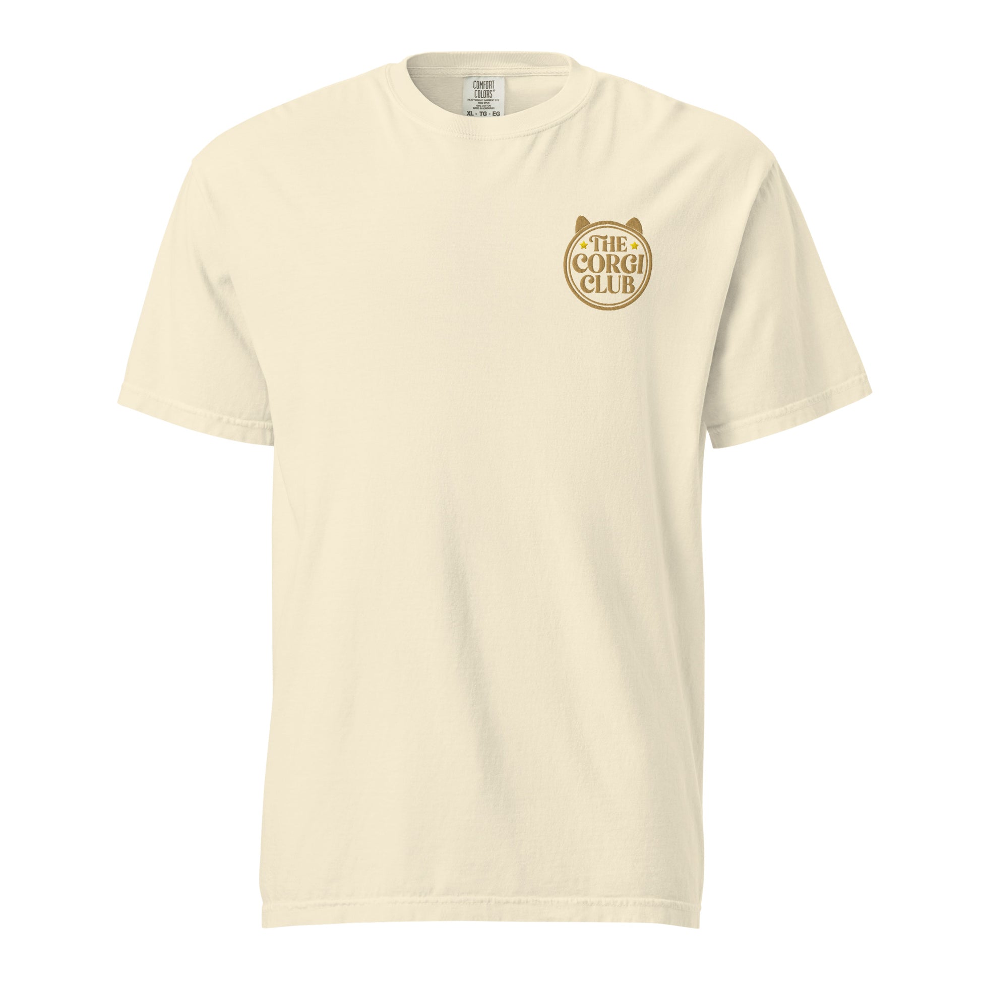 Embroidered Corgi tee stitched in cognac thread, made in Canada by The Loyal Mark