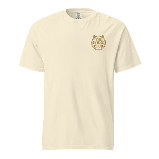 Embroidered Corgi tee stitched in cognac thread, made in Canada by The Loyal Mark