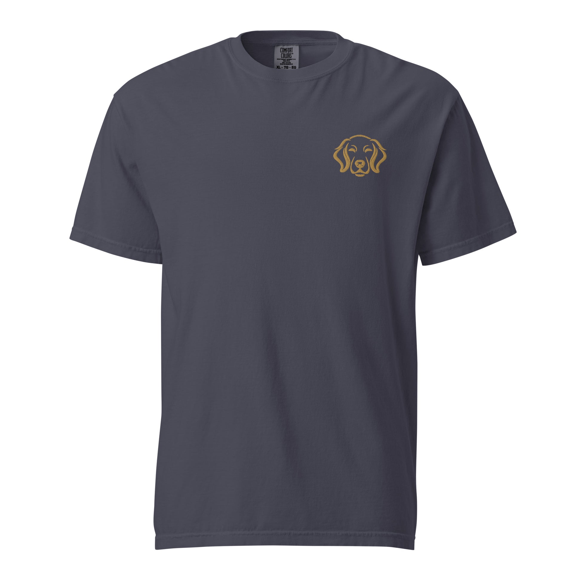 Embroidered Golden Retriever tee stitched in cognac thread, made in Canada by The Loyal Mark