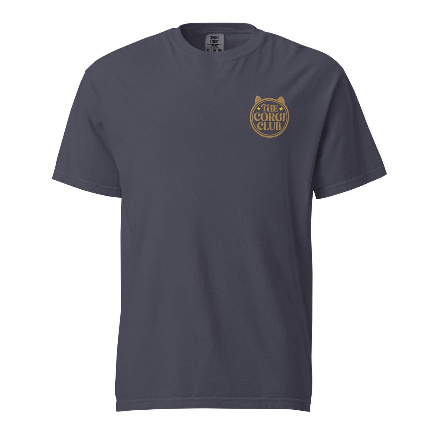 Detail shot of embroidered Corgi design on the tee, The Loyal Mark