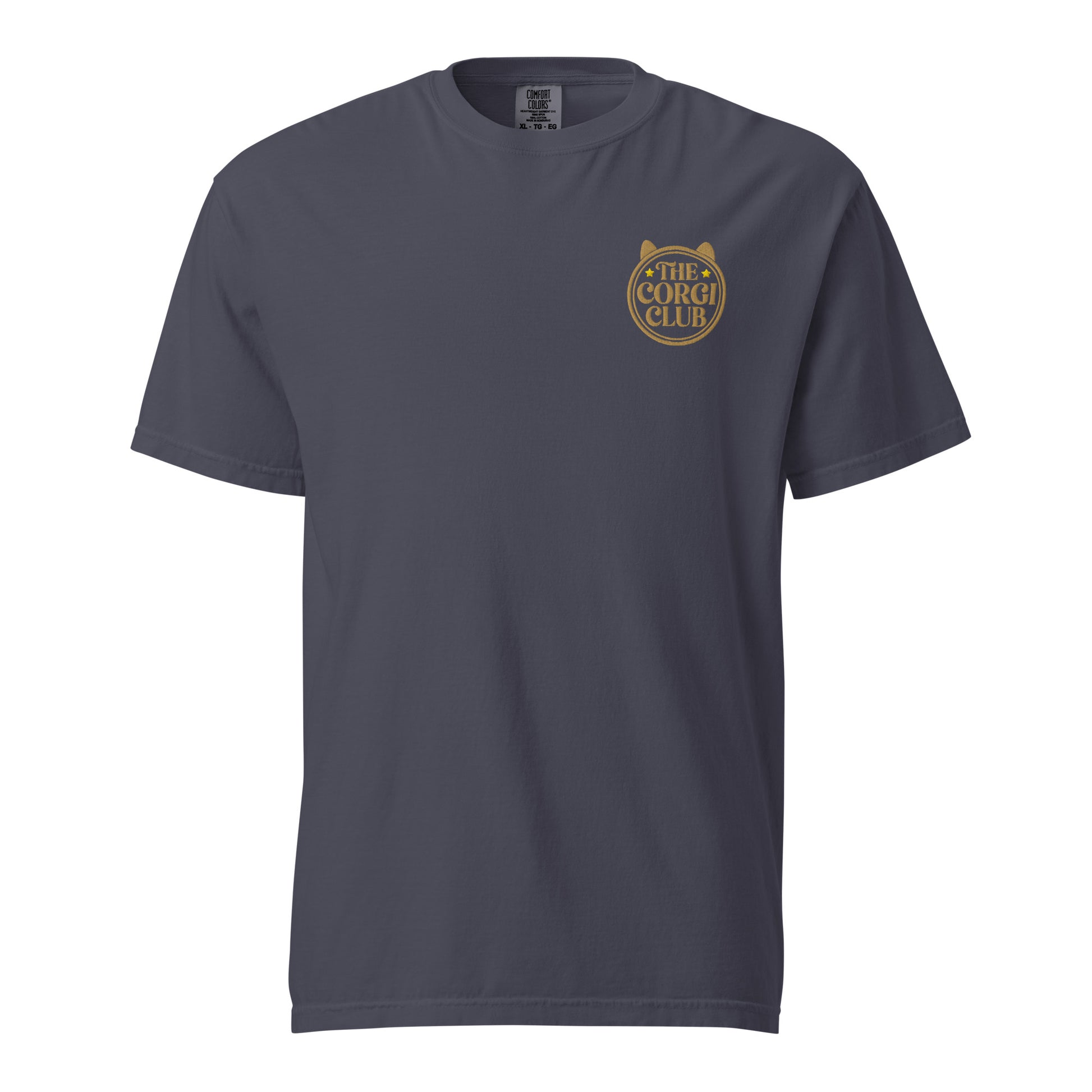Detail shot of embroidered Corgi design on the tee, The Loyal Mark