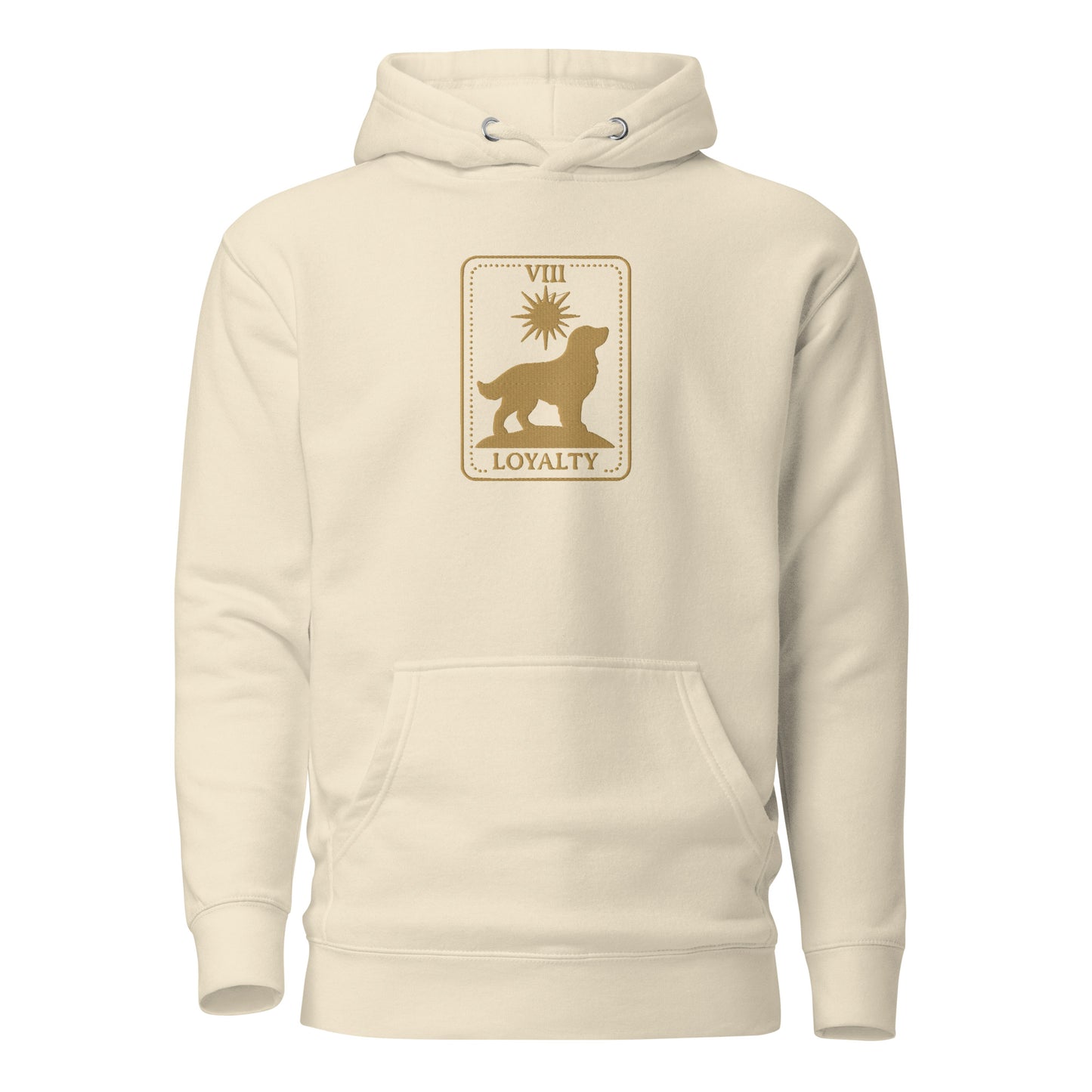 Close-up of embroidered Golden Retriever silhouette stitched on the hoodie, The Loyal Mark